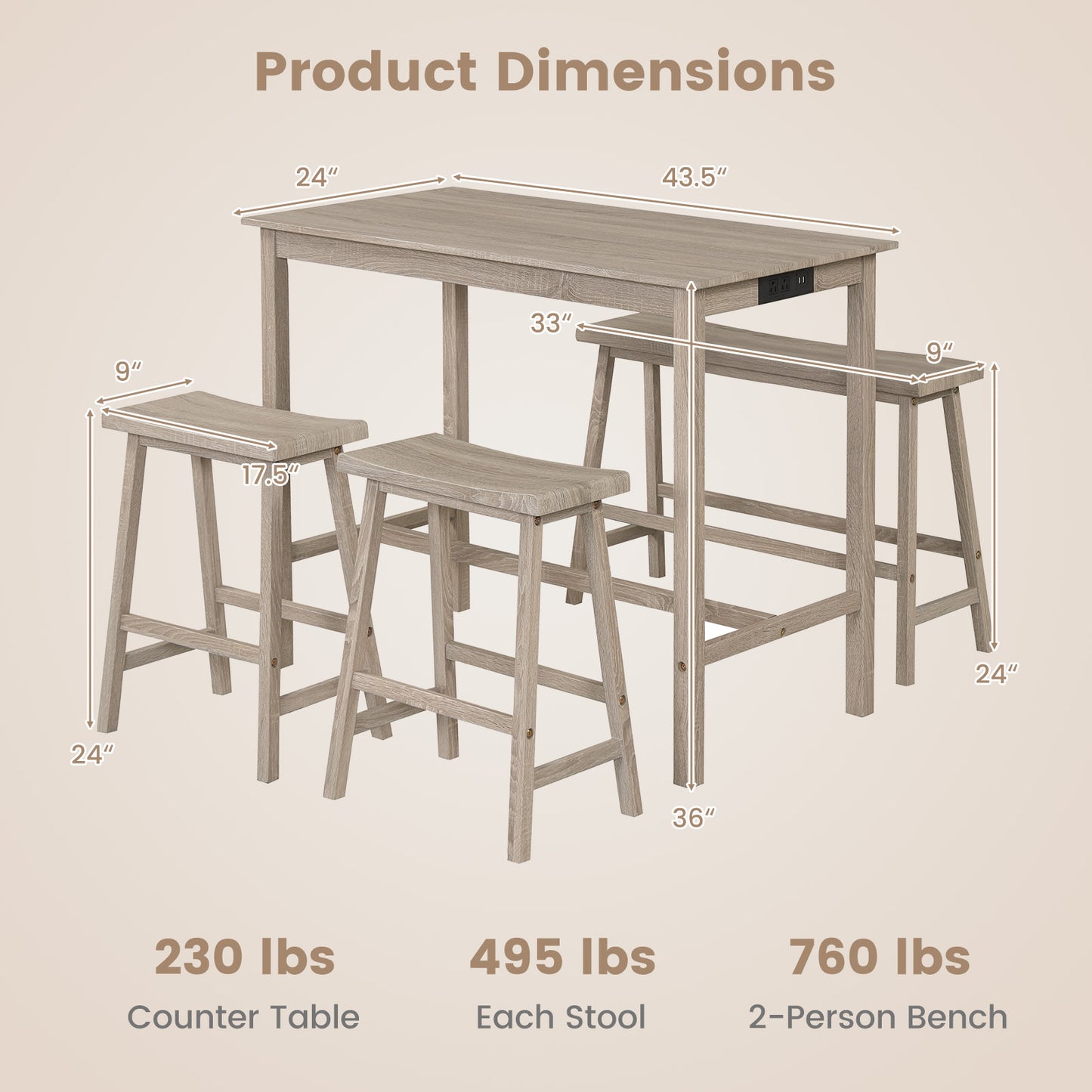 4-Piece Counter Height Dining Table Set, Solid Rubber Wood, Light Gray Dining Room Sets at Gallery Canada