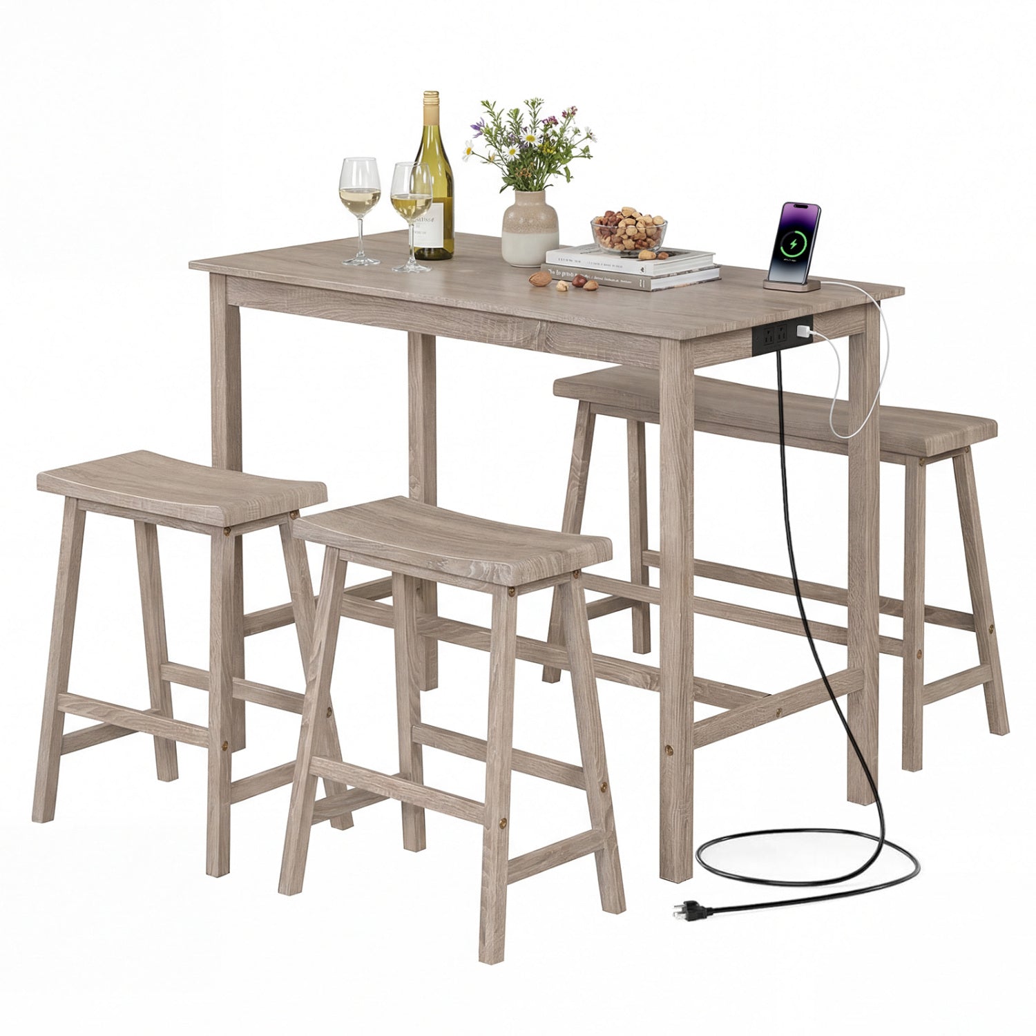 4-Piece Counter Height Dining Table Set, Solid Rubber Wood, Light Gray Dining Room Sets Light Gray at Gallery Canada