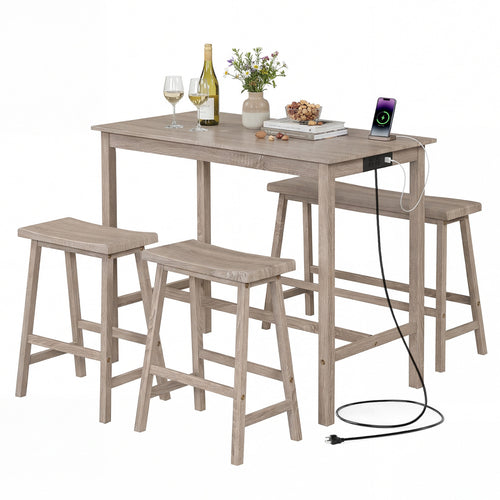 4-Piece Counter Height Dining Table Set, Solid Rubber Wood, Light Gray