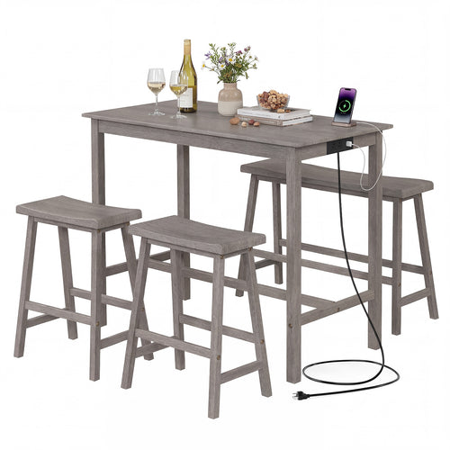 4-Piece Counter Height Dining Table Set, Solid Rubber Wood, Gray