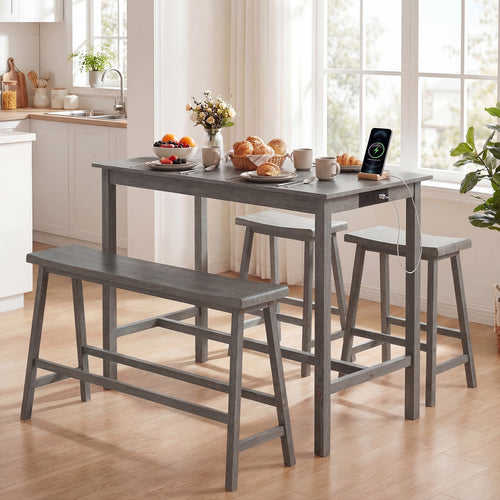 4-Piece Counter Height Dining Table Set, Solid Rubber Wood, Gray