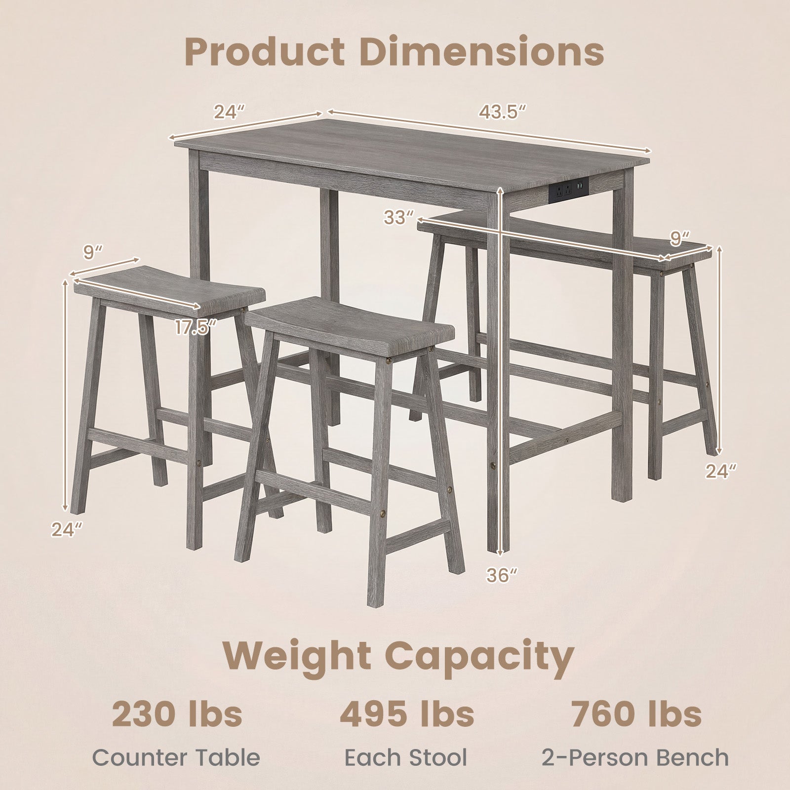 4-Piece Counter Height Dining Table Set, Solid Rubber Wood, Gray Dining Room Sets at Gallery Canada