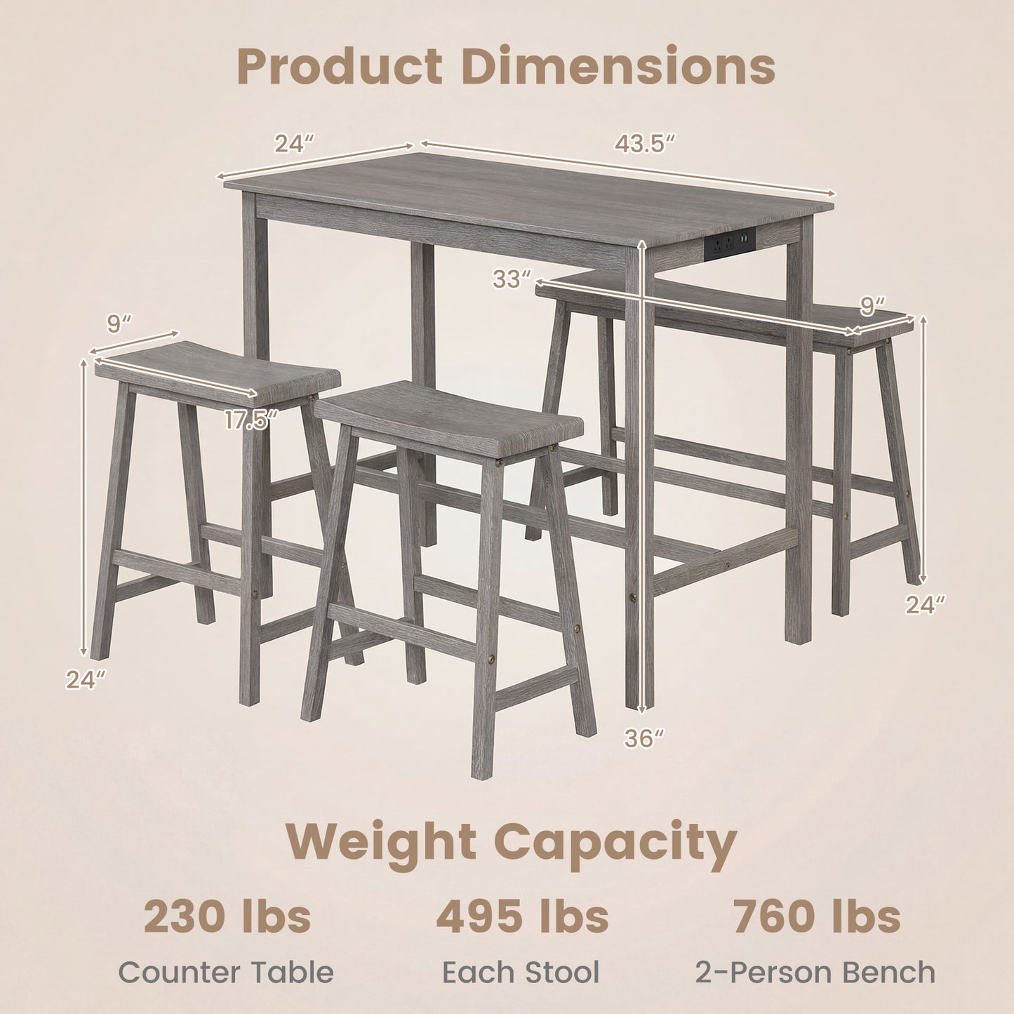 4-Piece Counter Height Dining Table Set, Solid Rubber Wood, Gray Dining Room Sets at Gallery Canada