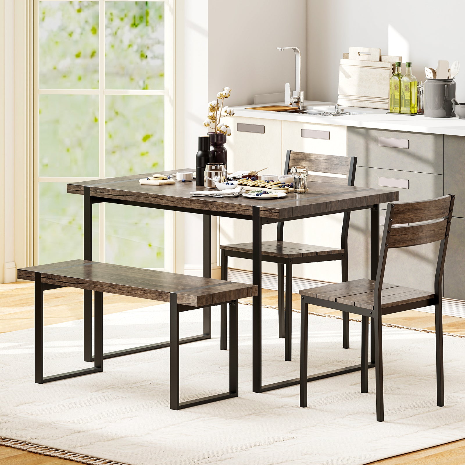 4-Piece Dining Table Set, Gray, 1 Bench, 2 Chairs, Black Dining Room Sets at Gallery Canada