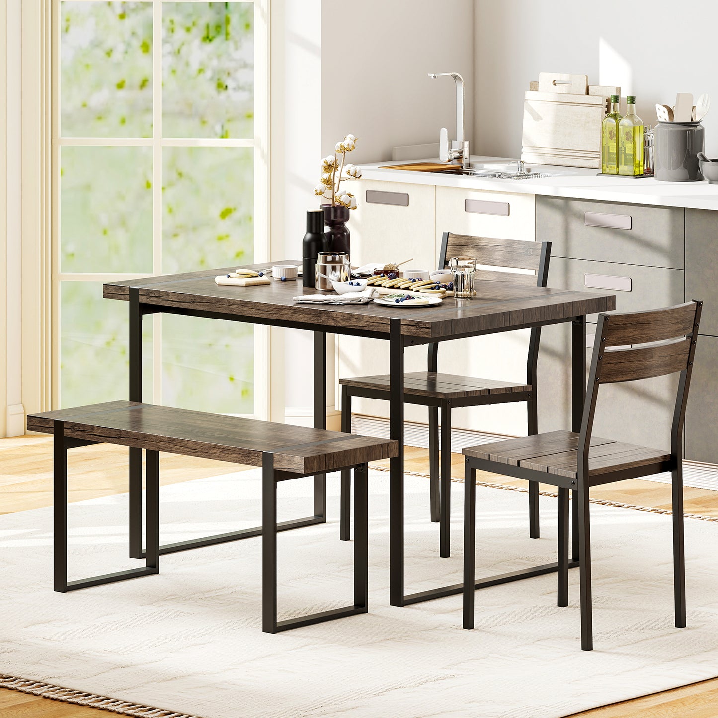 4-Piece Dining Table Set, Gray, 1 Bench, 2 Chairs, Black Dining Room Sets at Gallery Canada