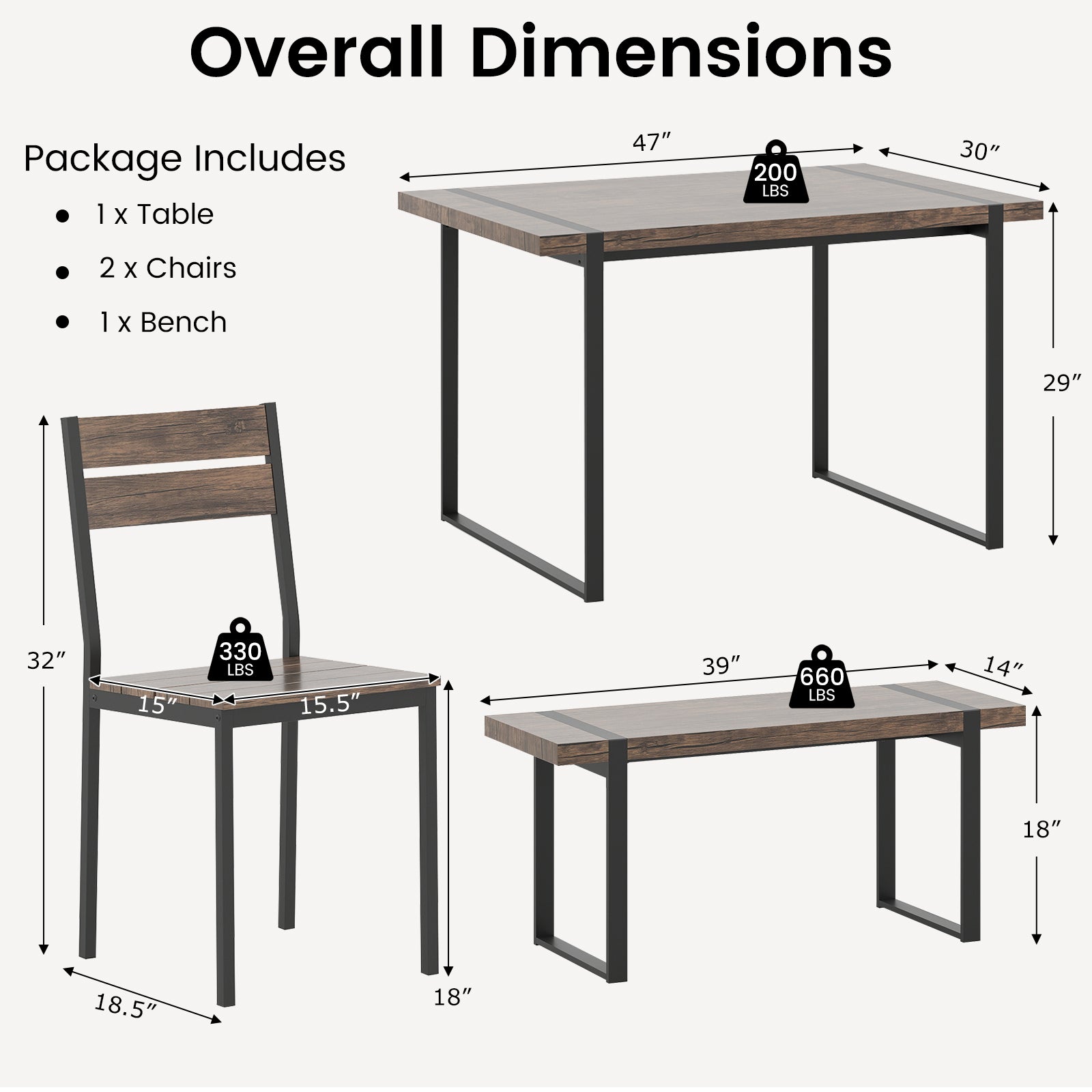 4-Piece Dining Table Set, Gray, 1 Bench, 2 Chairs, Black Dining Room Sets at Gallery Canada