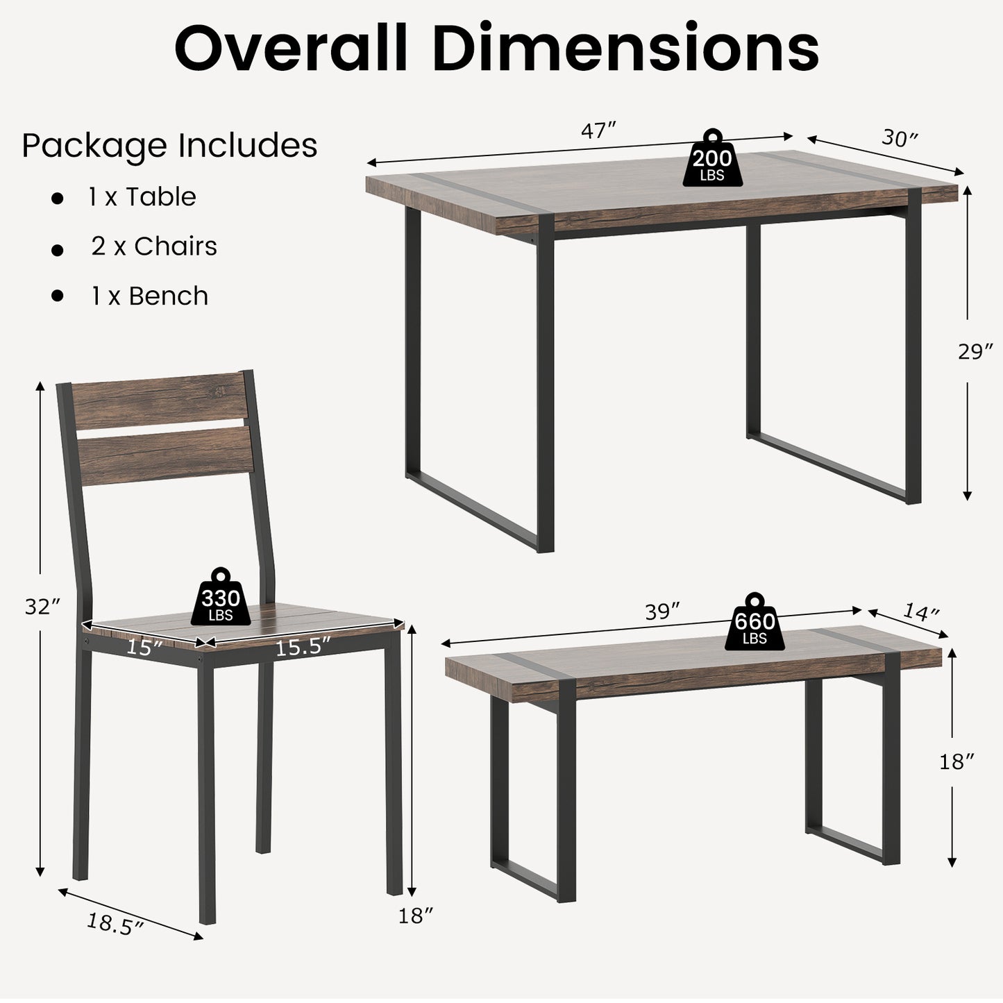 4-Piece Dining Table Set, Gray, 1 Bench, 2 Chairs, Black Dining Room Sets at Gallery Canada