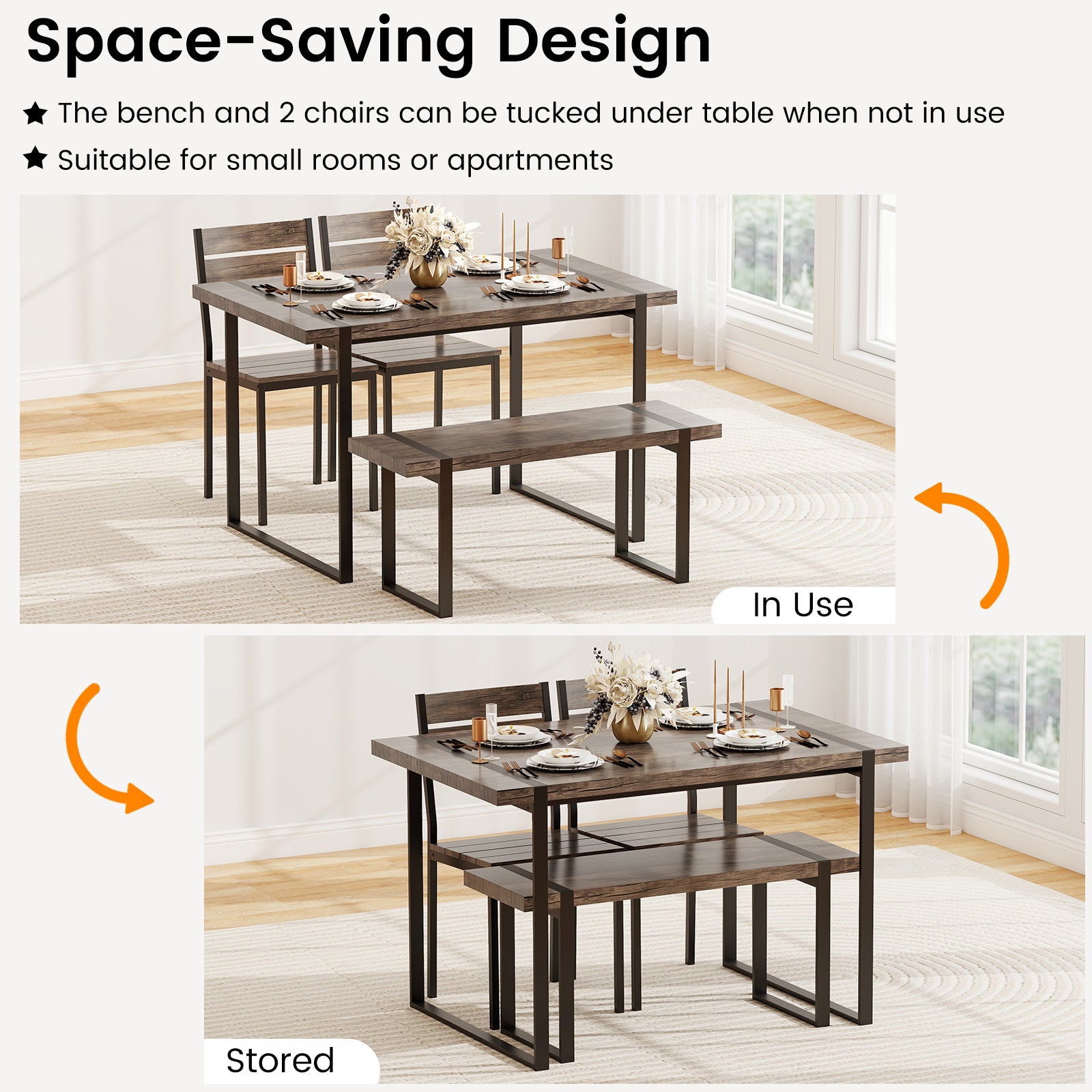 4-Piece Dining Table Set, Gray, 1 Bench, 2 Chairs, Black Dining Room Sets at Gallery Canada