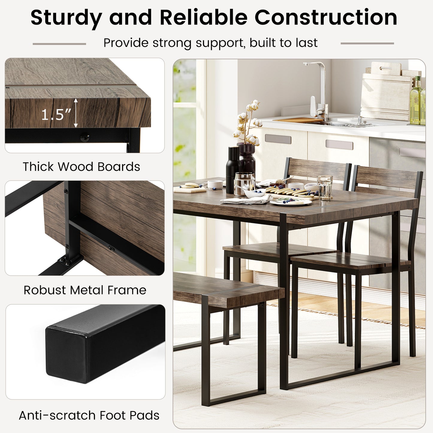4-Piece Dining Table Set, Gray, 1 Bench, 2 Chairs, Black Dining Room Sets at Gallery Canada
