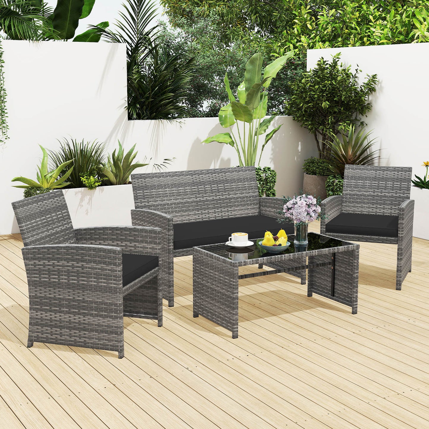 4 Piece Patio Conversation Set Rattan Chair Loveseat and Table Set, Black Patio Conversation Sets at Gallery Canada