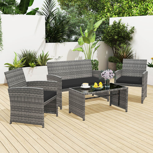 4 Piece Patio Conversation Set Rattan Chair Loveseat and Table Set, Black