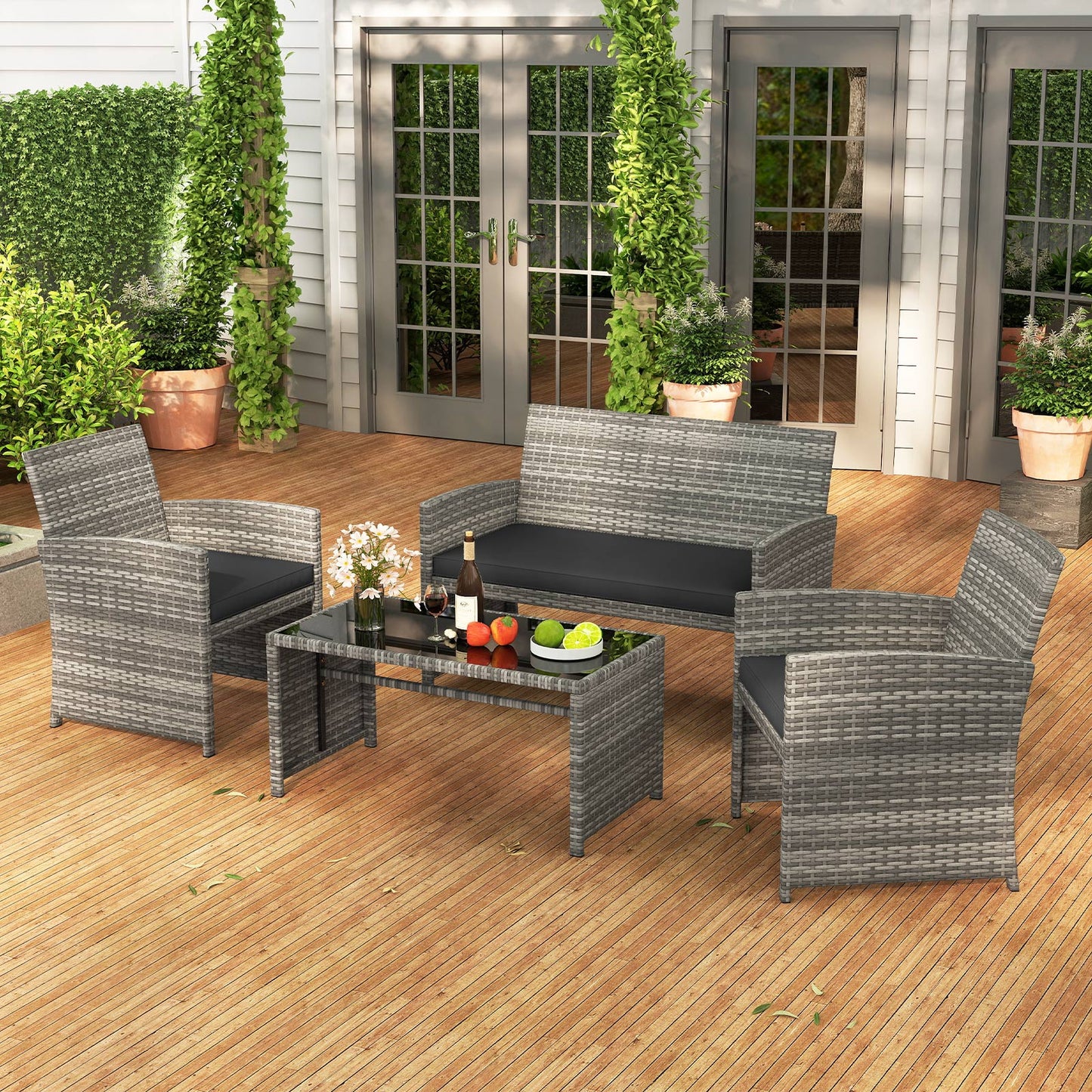 4 Piece Patio Conversation Set Rattan Chair Loveseat and Table Set, Black Patio Conversation Sets at Gallery Canada