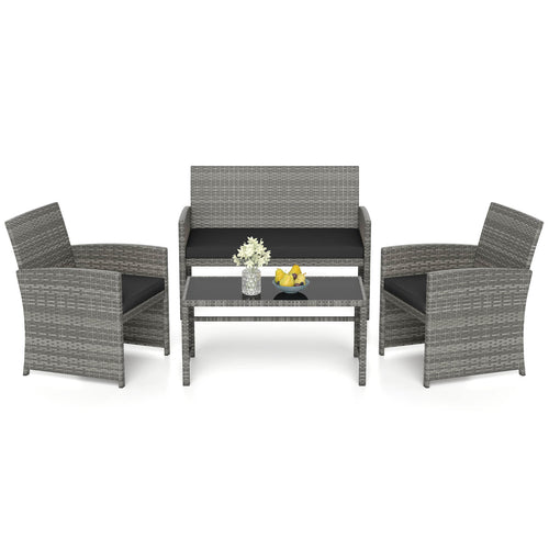 4 Piece Patio Conversation Set, Rattan Chair Loveseat Table, Black