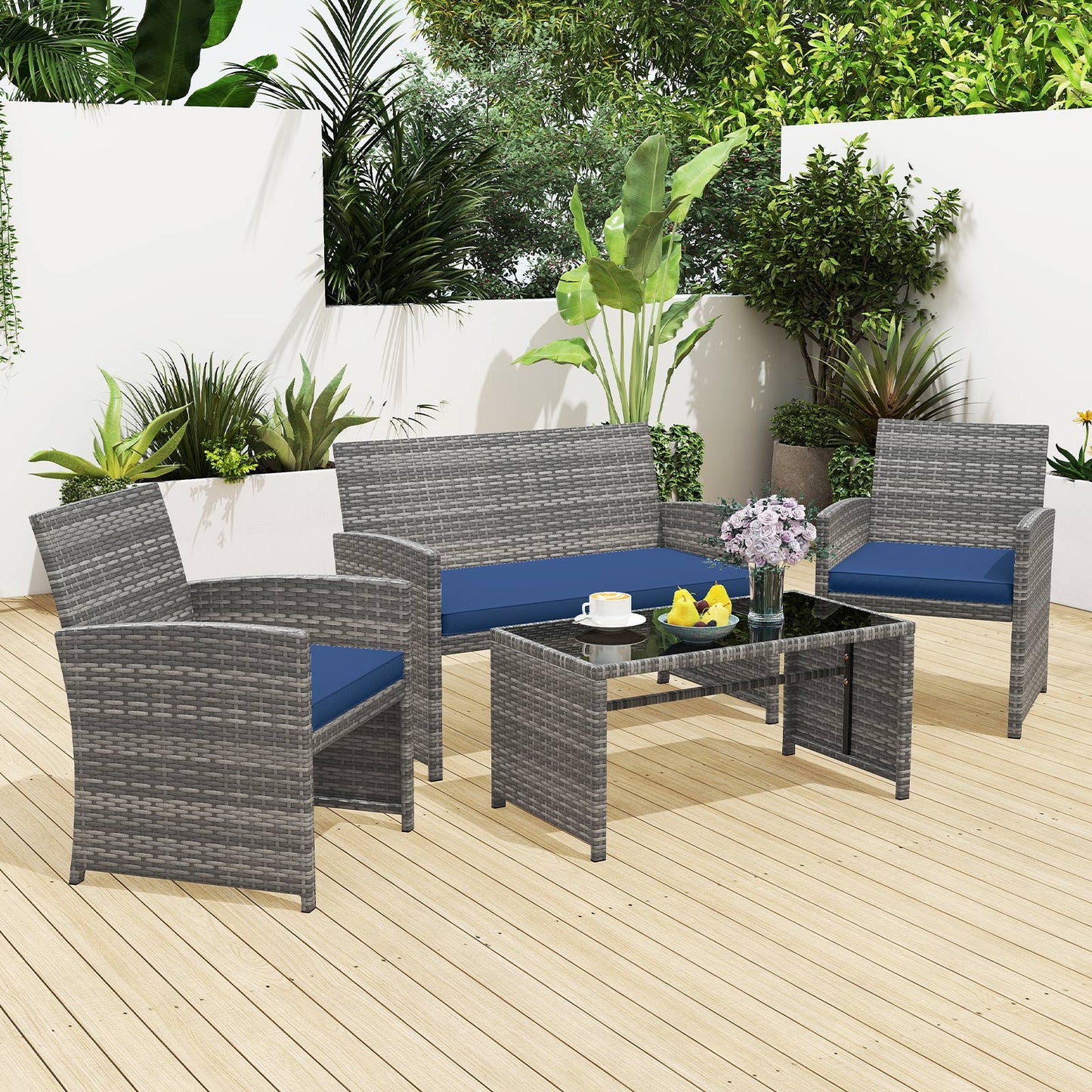 4 Piece Patio Conversation Set Rattan Chair Loveseat and Table Set, Navy Patio Conversation Sets at Gallery Canada
