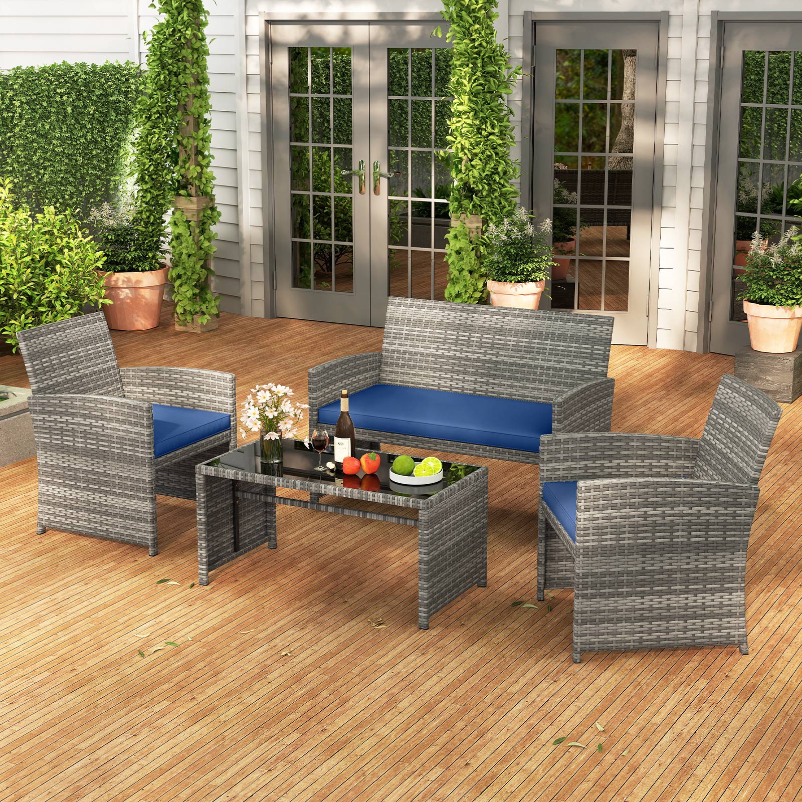 4 Piece Patio Conversation Set Rattan Chair Loveseat and Table Set, Navy Patio Conversation Sets at Gallery Canada