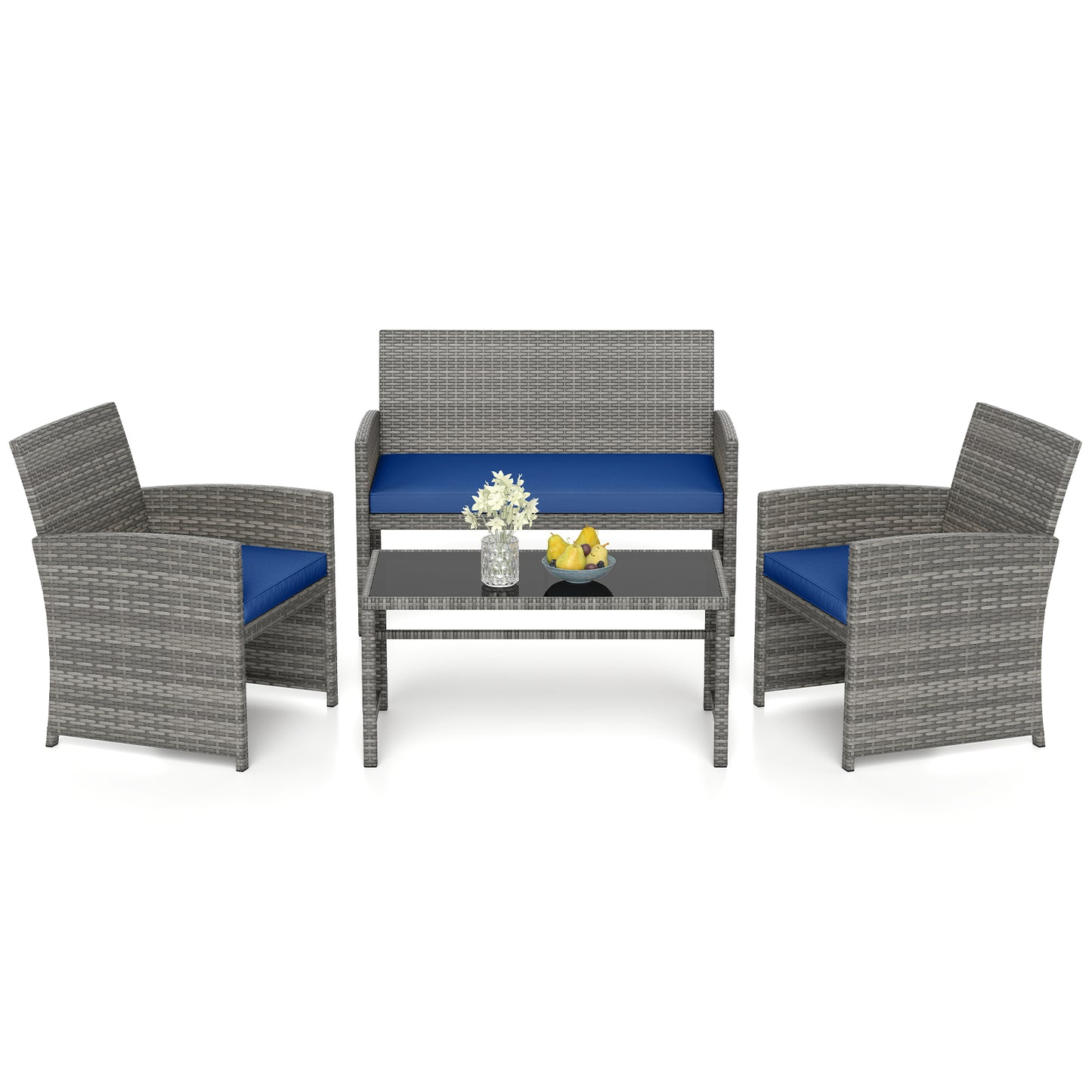 4 Piece Patio Conversation Set Rattan Chair Loveseat and Table Set, Navy Patio Conversation Sets Navy at Gallery Canada
