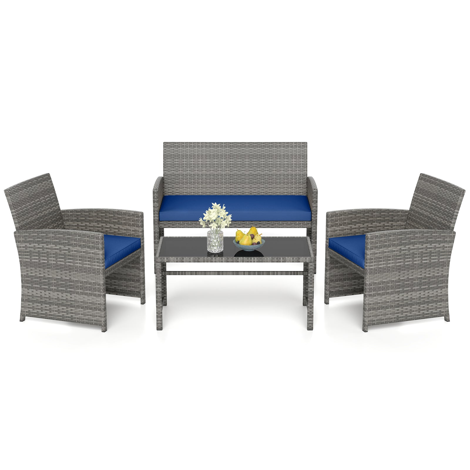 4 Piece Patio Conversation Set, Rattan Chair Loveseat Table, Navy Patio Conversation Sets Navy at Gallery Canada