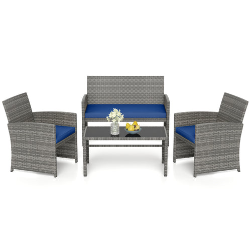 4 Piece Patio Conversation Set, Rattan Chair Loveseat Table, Navy