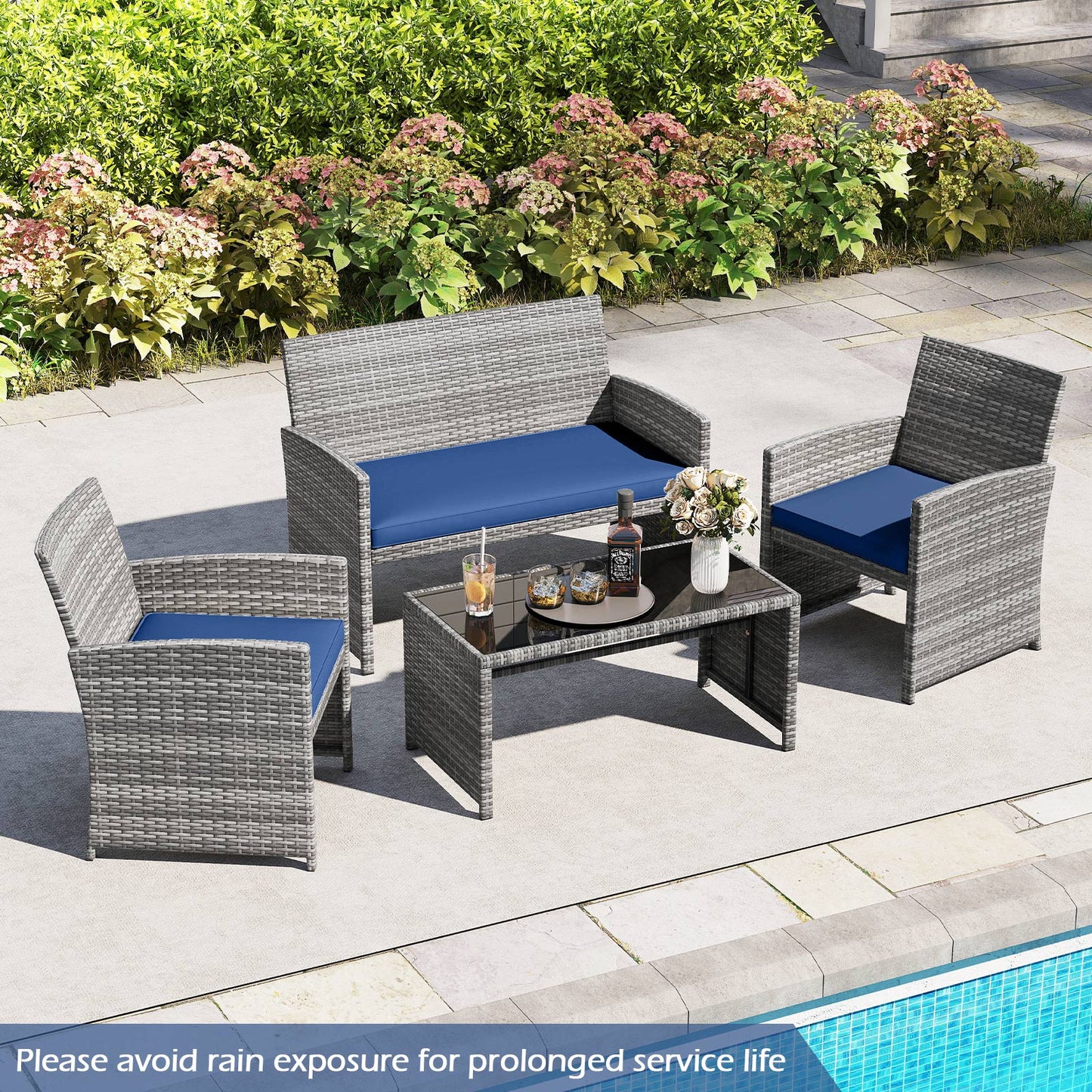 4 Piece Patio Conversation Set Rattan Chair Loveseat and Table Set, Navy Patio Conversation Sets at Gallery Canada