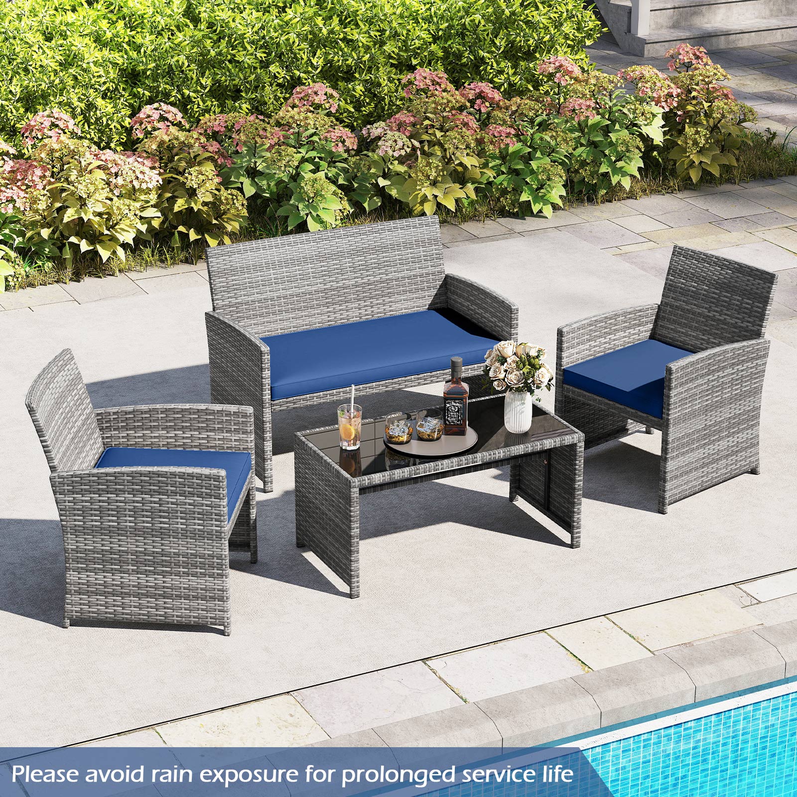 4 Piece Patio Conversation Set Rattan Chair Loveseat and Table Set, Navy Patio Conversation Sets at Gallery Canada