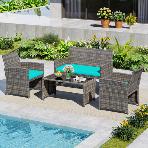 4 Piece Patio Conversation Set Rattan Chair Loveseat and Table Set, Turquoise