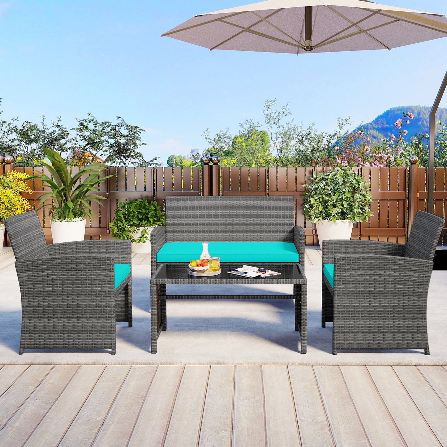 4 Piece Patio Conversation Set Rattan Chair Loveseat and Table Set, Turquoise Patio Conversation Sets at Gallery Canada