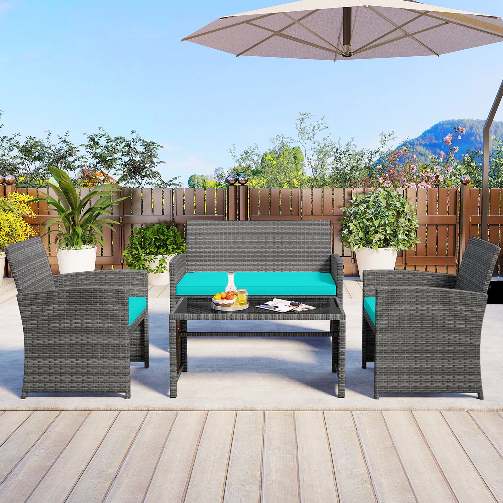4 Piece Patio Conversation Set Rattan Chair Loveseat and Table Set, Turquoise Patio Conversation Sets at Gallery Canada