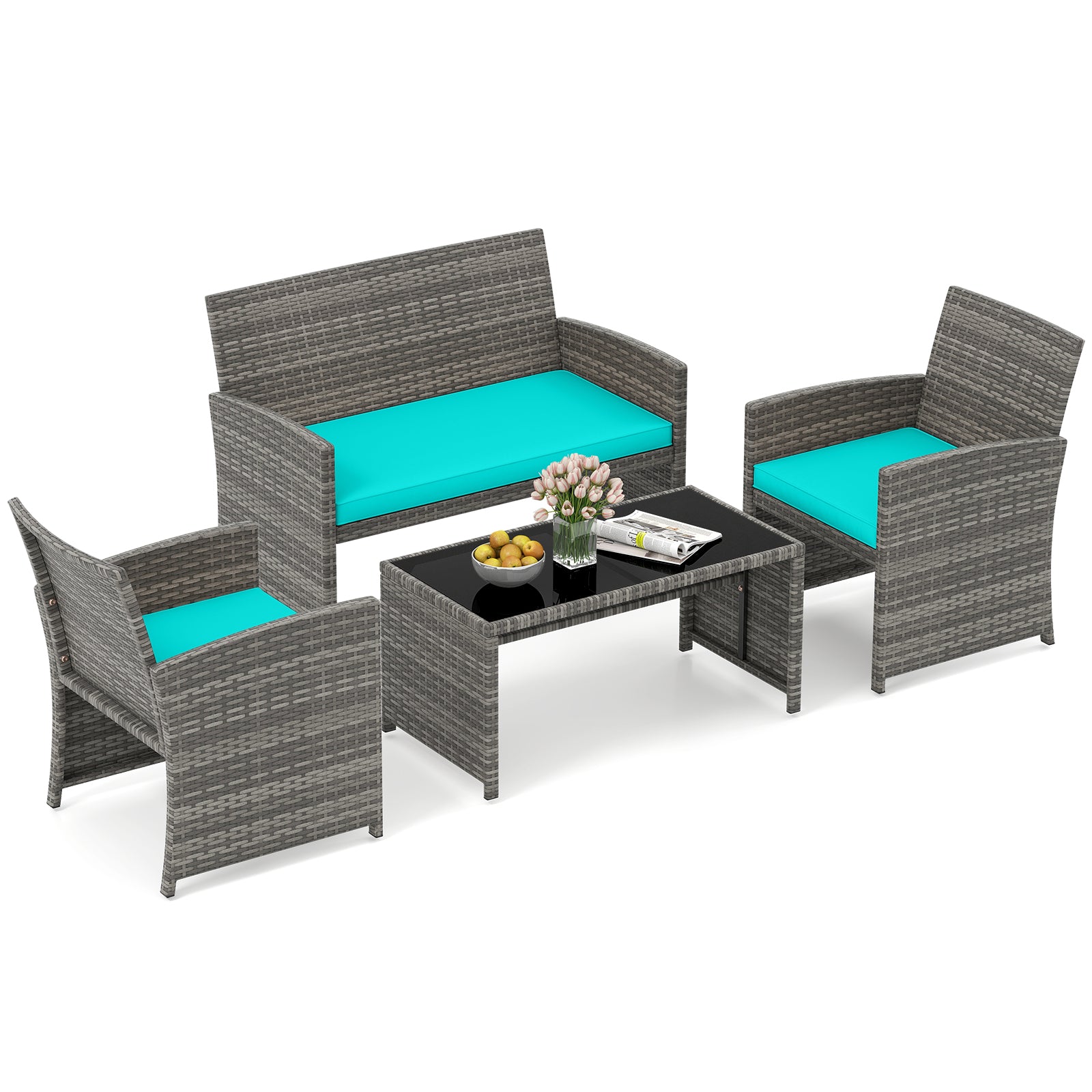 4 Piece Patio Conversation Set Rattan Chair Loveseat and Table Set, Turquoise Patio Conversation Sets Turquoise at Gallery Canada