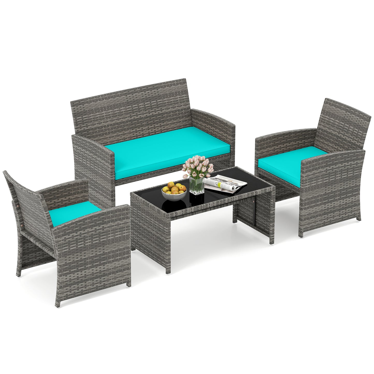 4 Piece Patio Conversation Set Rattan Chair Loveseat and Table Set, Turquoise Patio Conversation Sets Turquoise at Gallery Canada
