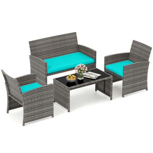 4 Piece Patio Conversation Set, Rattan Chair Loveseat Table, Turquoise