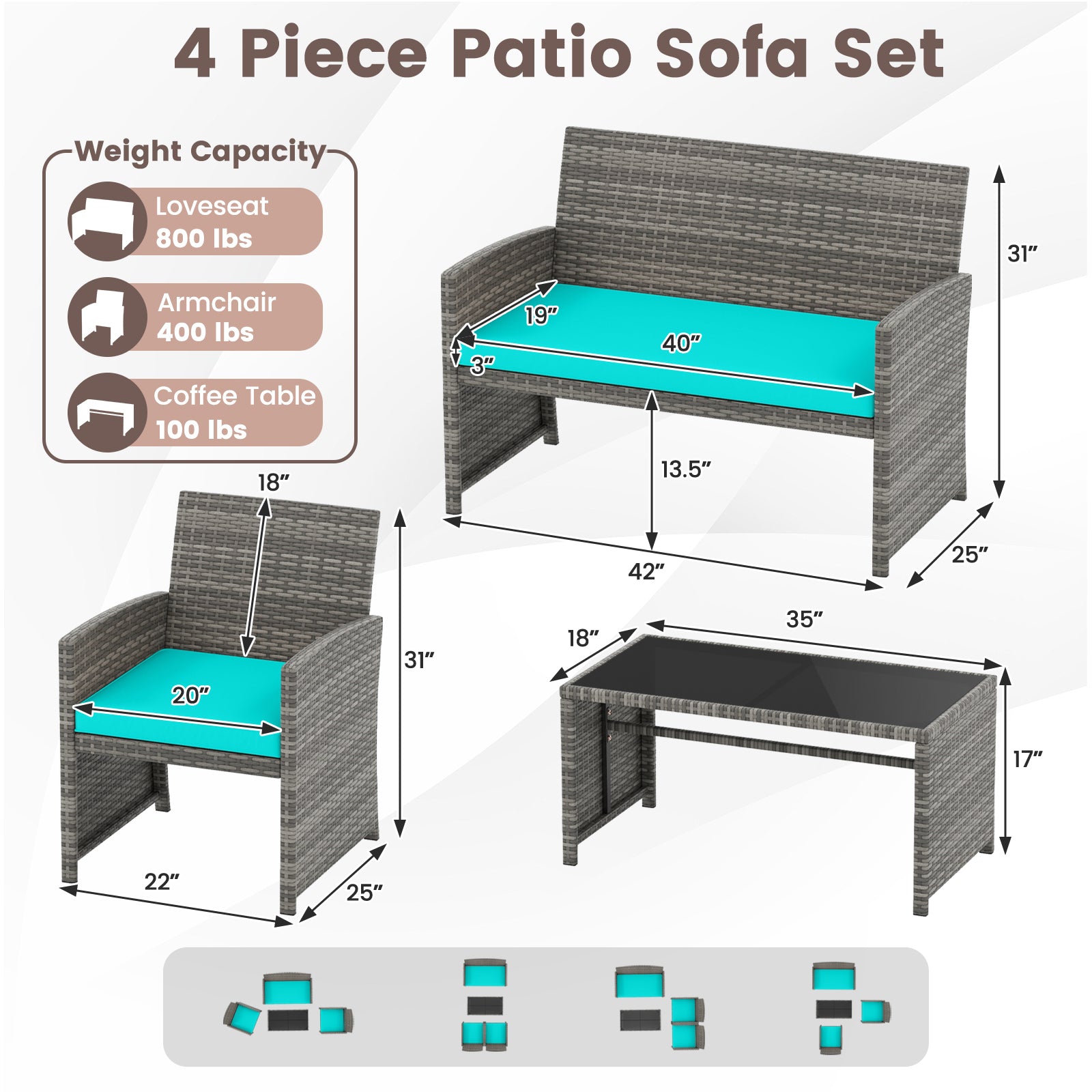 4 Piece Patio Conversation Set Rattan Chair Loveseat and Table Set, Turquoise Patio Conversation Sets at Gallery Canada
