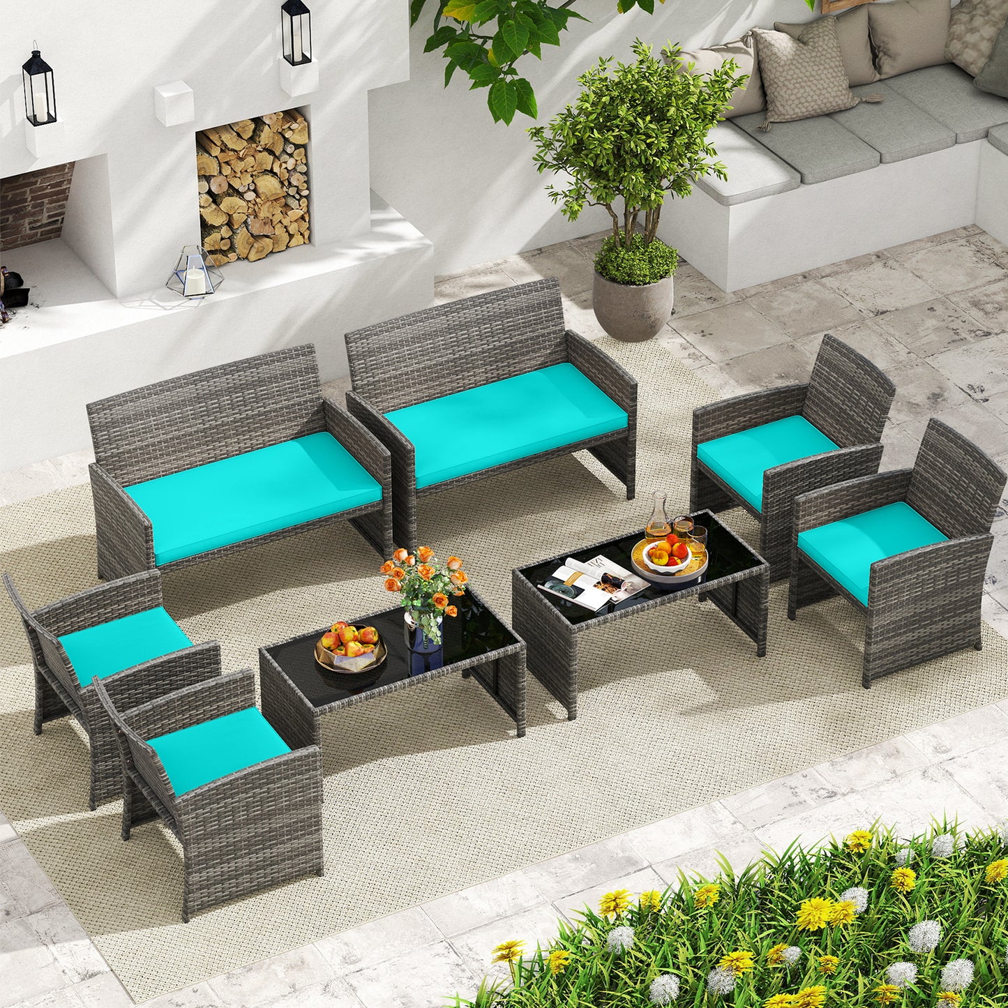 4 Piece Patio Conversation Set Rattan Chair Loveseat and Table Set, Turquoise Patio Conversation Sets at Gallery Canada