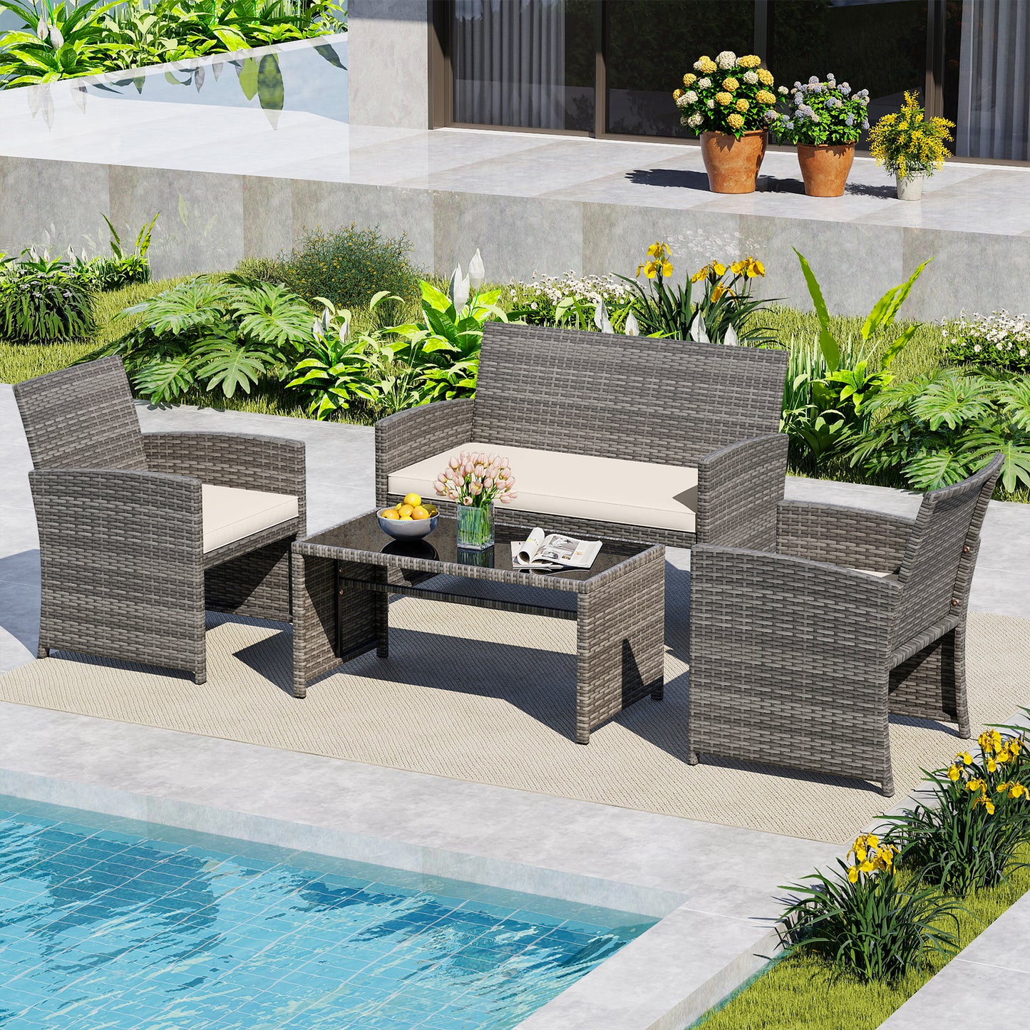 4 Piece Patio Conversation Set Rattan Chair Loveseat and Table Set, Off White Patio Conversation Sets at Gallery Canada