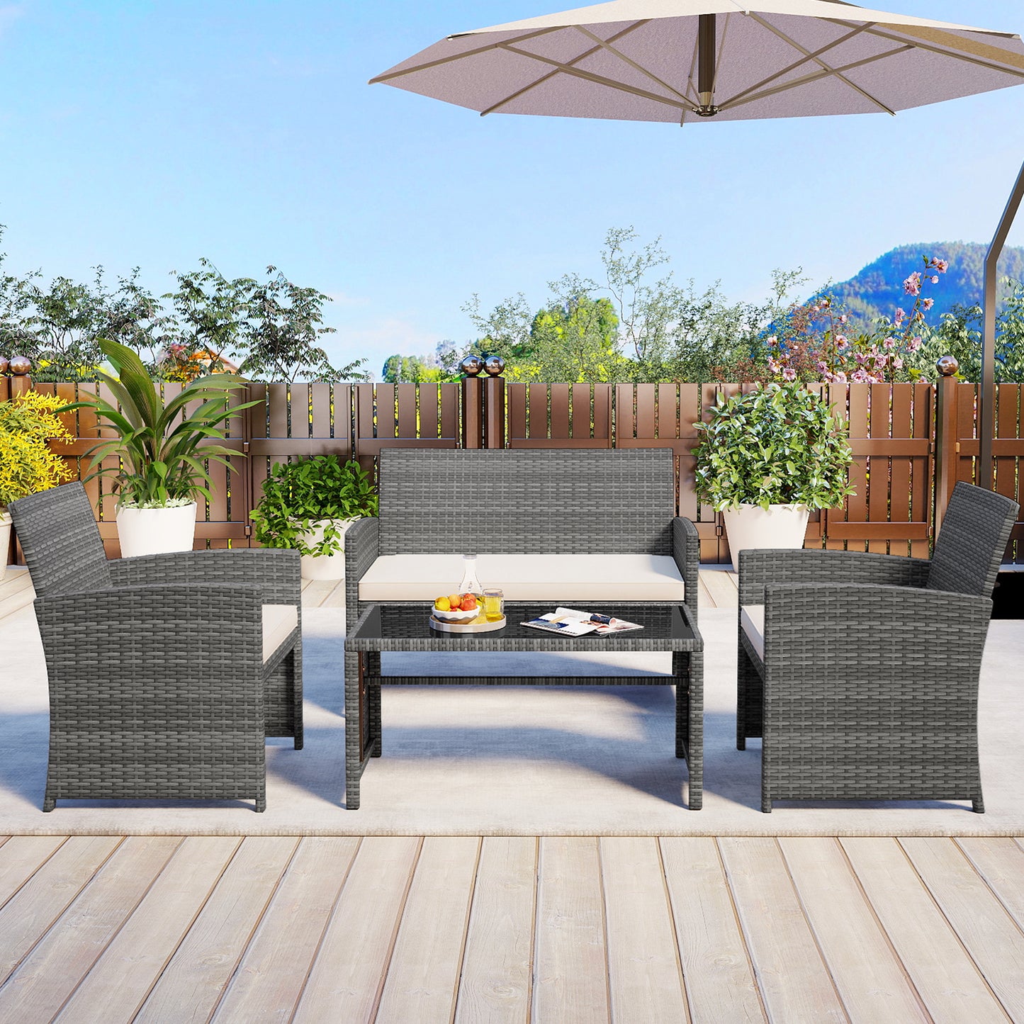 4 Piece Patio Conversation Set Rattan Chair Loveseat and Table Set, Off White Patio Conversation Sets at Gallery Canada