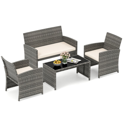4 Piece Patio Conversation Set Rattan Chair Loveseat and Table Set, Off White Patio Conversation Sets Off White at Gallery Canada