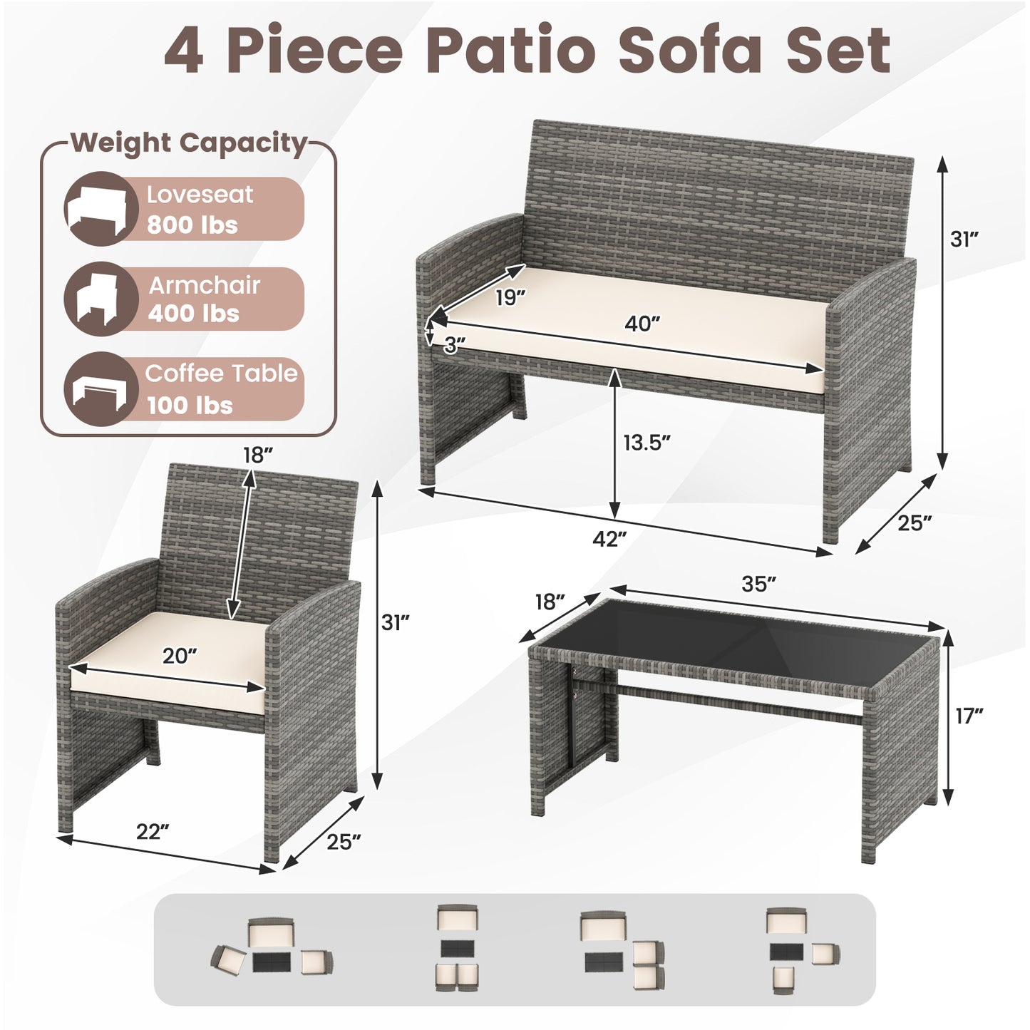 4 Piece Patio Conversation Set Rattan Chair Loveseat and Table Set, Off White Patio Conversation Sets at Gallery Canada