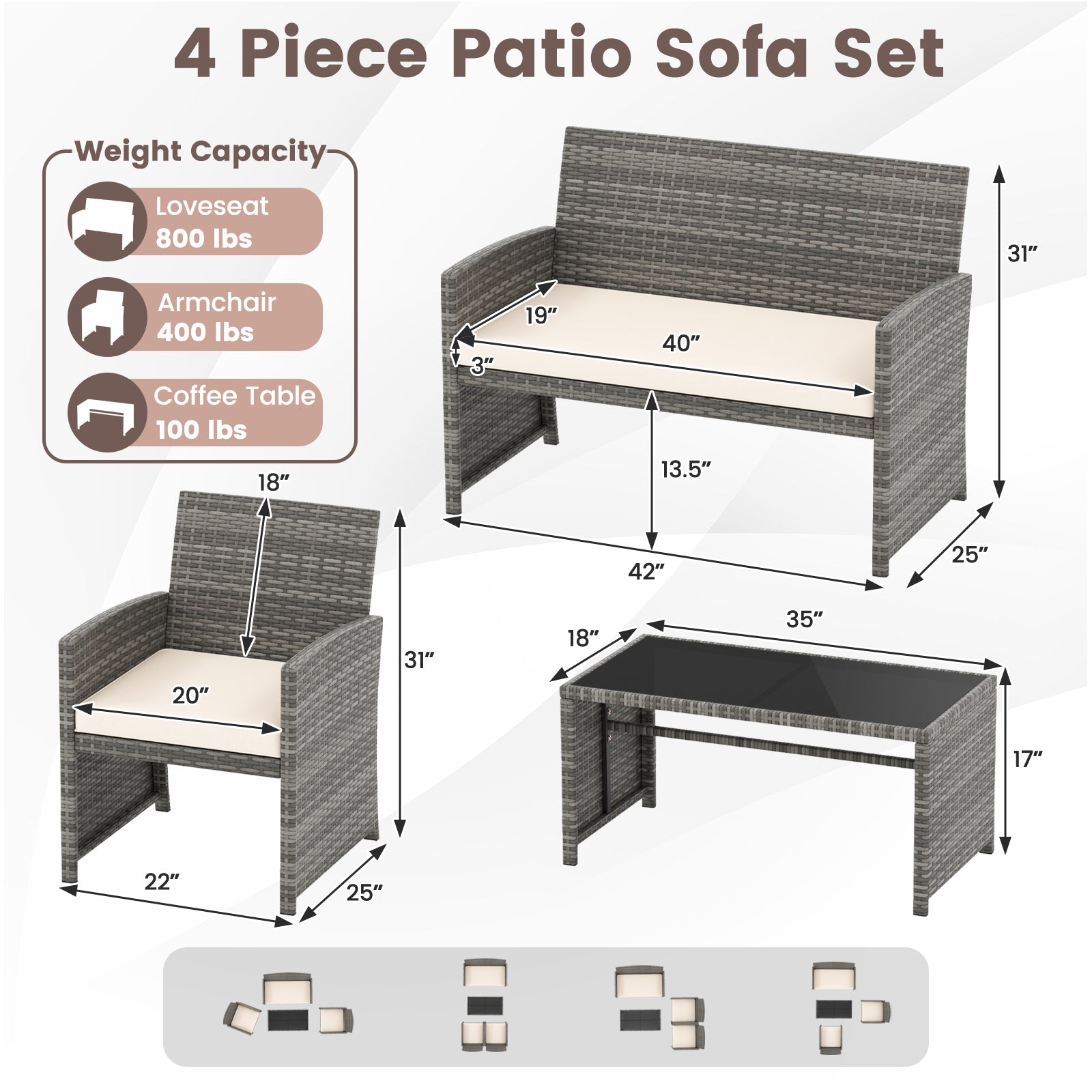 4 Piece Patio Conversation Set Rattan Chair Loveseat and Table Set, Off White Patio Conversation Sets at Gallery Canada