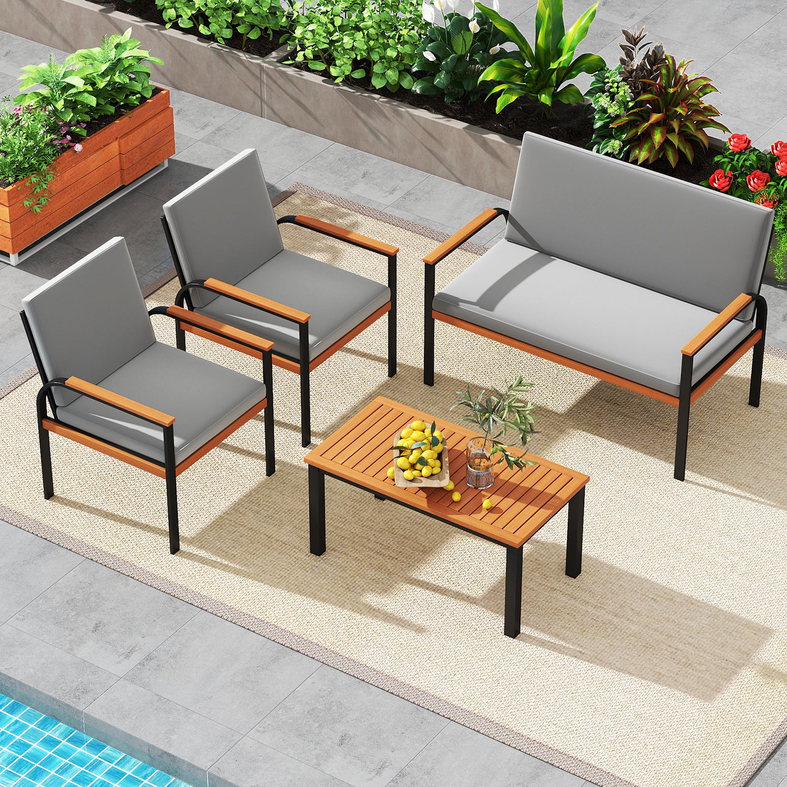 4 Piece Patio Furniture Set with Coffee Table and Loveseat with Removable Cushions, Gray Patio Conversation Sets at Gallery Canada