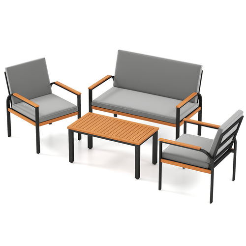 4 Piece Patio Furniture Set, Coffee Table, Loveseat, Removable Cushions, Gray