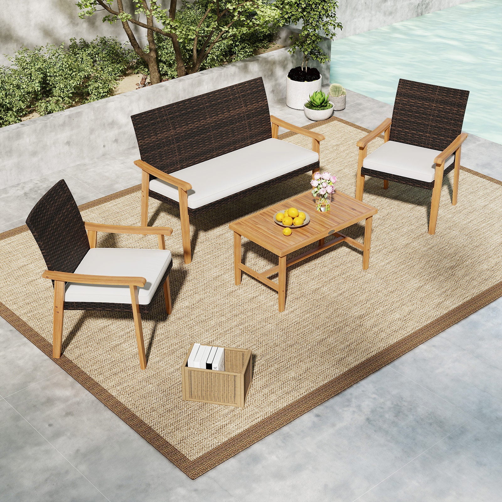 4 Piece Patio Furniture Set PE Rattan Porch Chairs with Acacia Wood Coffee Table and Soft Cushions, White Patio Conversation Sets at Gallery Canada
