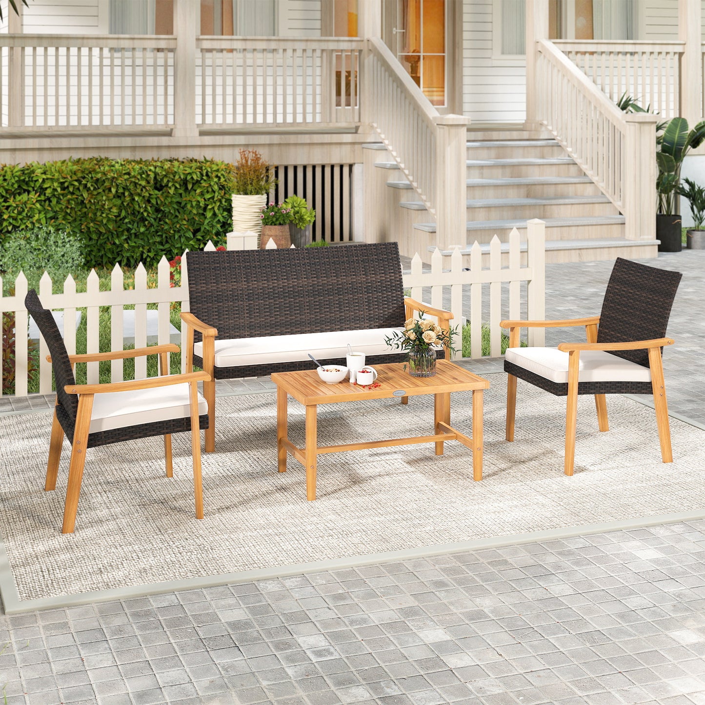 4 Piece Patio Furniture Set PE Rattan Porch Chairs with Acacia Wood Coffee Table and Soft Cushions, White Patio Conversation Sets at Gallery Canada