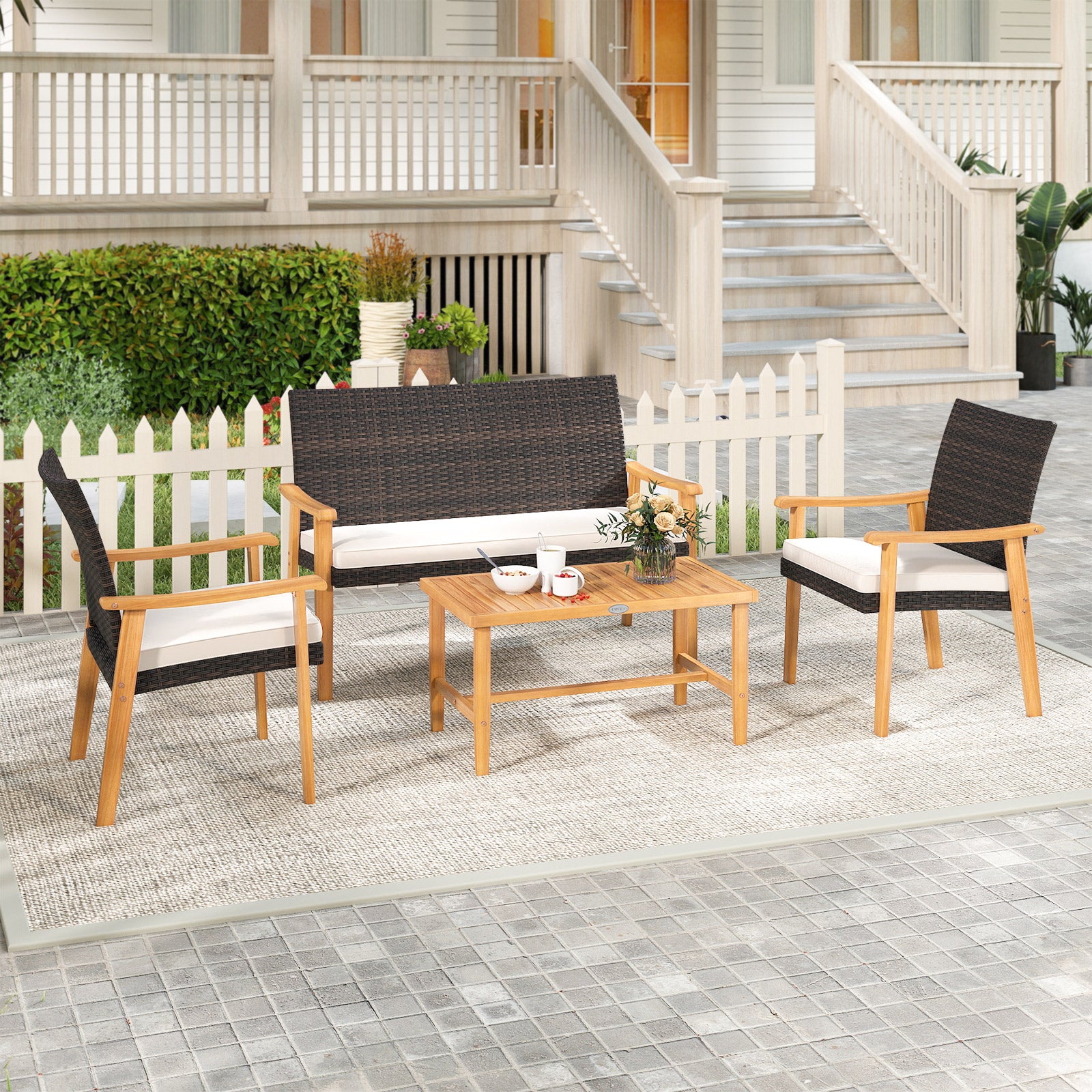 4 Piece Patio Furniture Set PE Rattan Porch Chairs with Acacia Wood Coffee Table and Soft Cushions, White Patio Conversation Sets at Gallery Canada