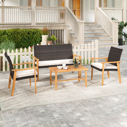 4 Piece Patio Furniture Set PE Rattan Porch Chairs with Acacia Wood Coffee Table and Soft Cushions, White Patio Conversation Sets at Gallery Canada