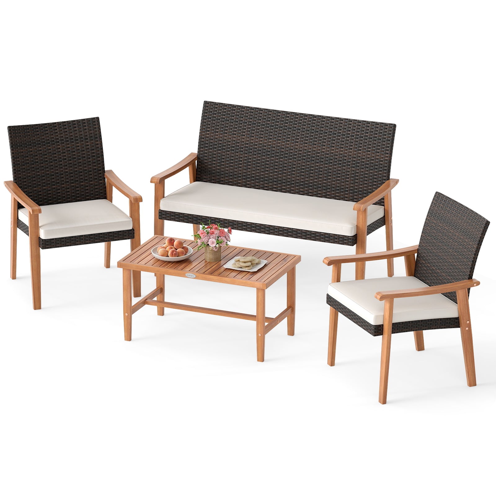 4 Piece Patio Furniture Set PE Rattan Porch Chairs with Acacia Wood Coffee Table and Soft Cushions, White Patio Conversation Sets White at Gallery Canada
