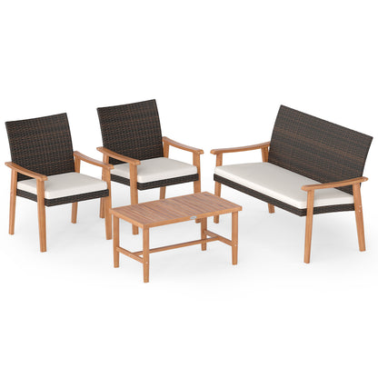 4 Piece Patio Furniture Set PE Rattan Porch Chairs with Acacia Wood Coffee Table and Soft Cushions, White Patio Conversation Sets at Gallery Canada