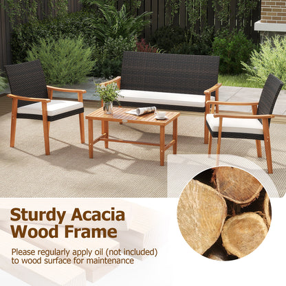 4 Piece Patio Furniture Set PE Rattan Porch Chairs with Acacia Wood Coffee Table and Soft Cushions, White Patio Conversation Sets at Gallery Canada