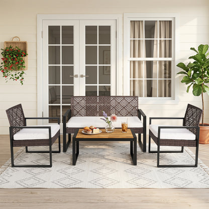 4-Piece Patio Set with Acacia Coffee Table and Wicker Chairs for Backyard-Brown & Black Patio Conversation Sets at Gallery Canada