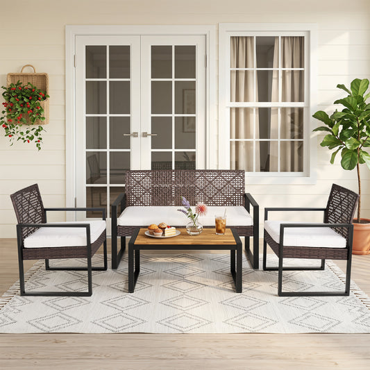4-Piece Patio Set with Acacia Coffee Table and Wicker Chairs for Backyard-Brown & Black Patio Conversation Sets Mixed Brown + Black + White at Gallery Canada
