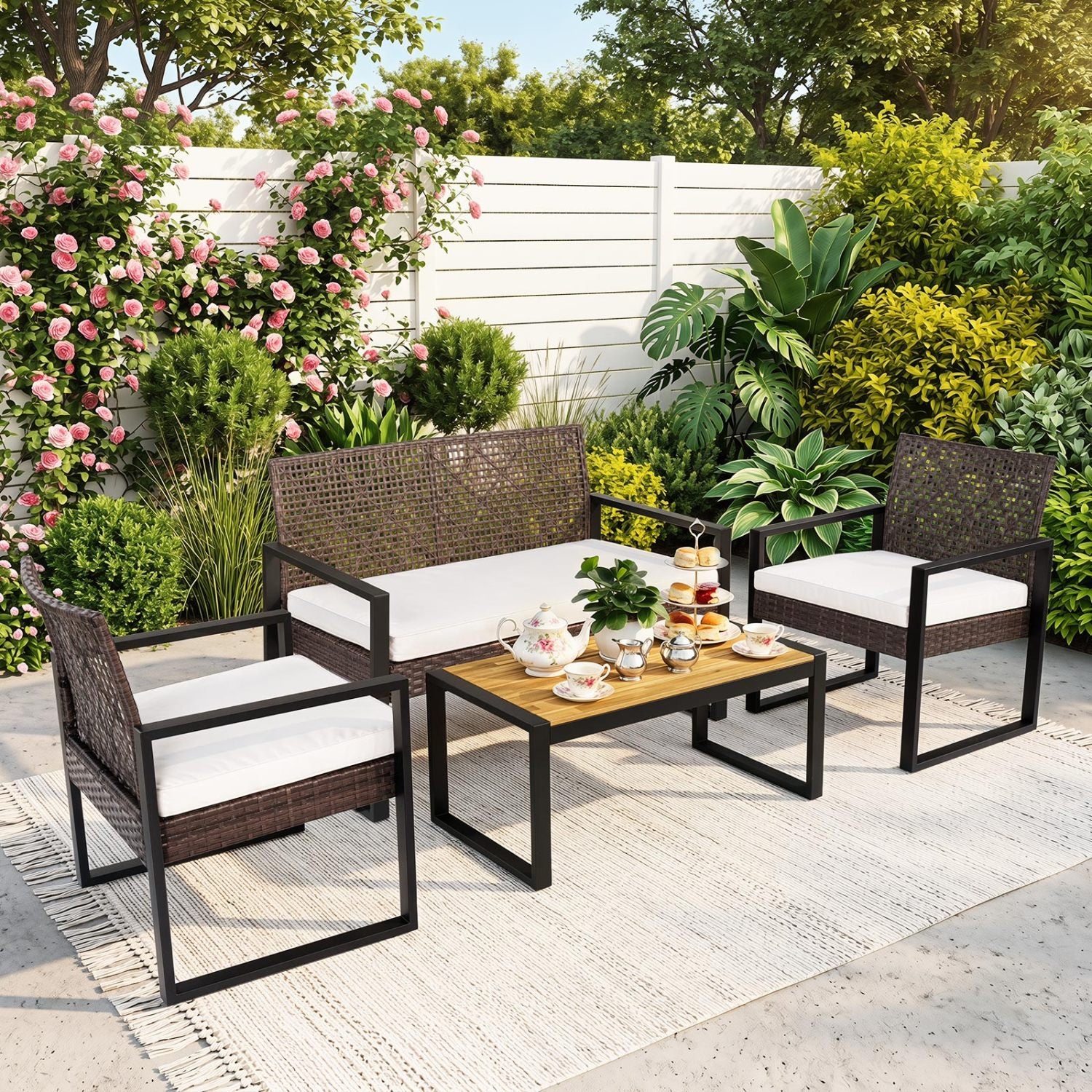 4-Piece Patio Set with Acacia Coffee Table and Wicker Chairs for Backyard-Brown & Black Patio Conversation Sets at Gallery Canada