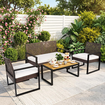 4-Piece Patio Set with Acacia Coffee Table and Wicker Chairs for Backyard-Brown & Black Patio Conversation Sets at Gallery Canada